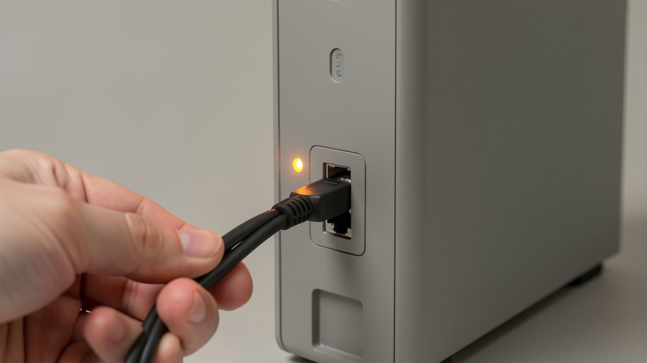 Eine Hand steckt das Netzkabel in das Gerät — die Verbindung nach außen steht.